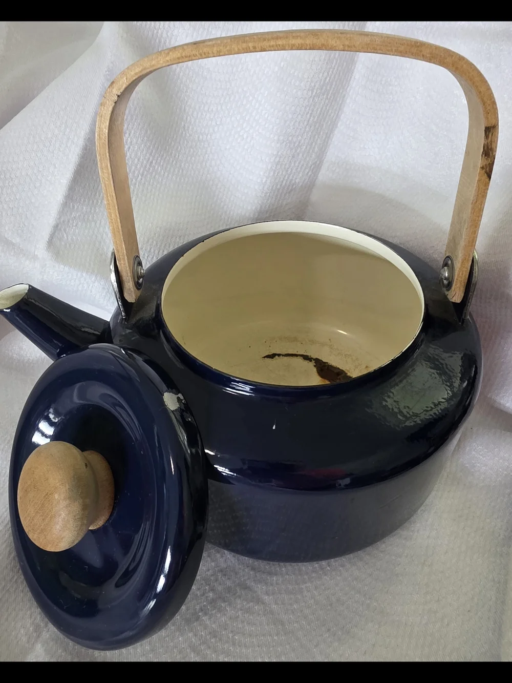 Dark Blue Ceramic Teapot with Wooden Handle and Knob